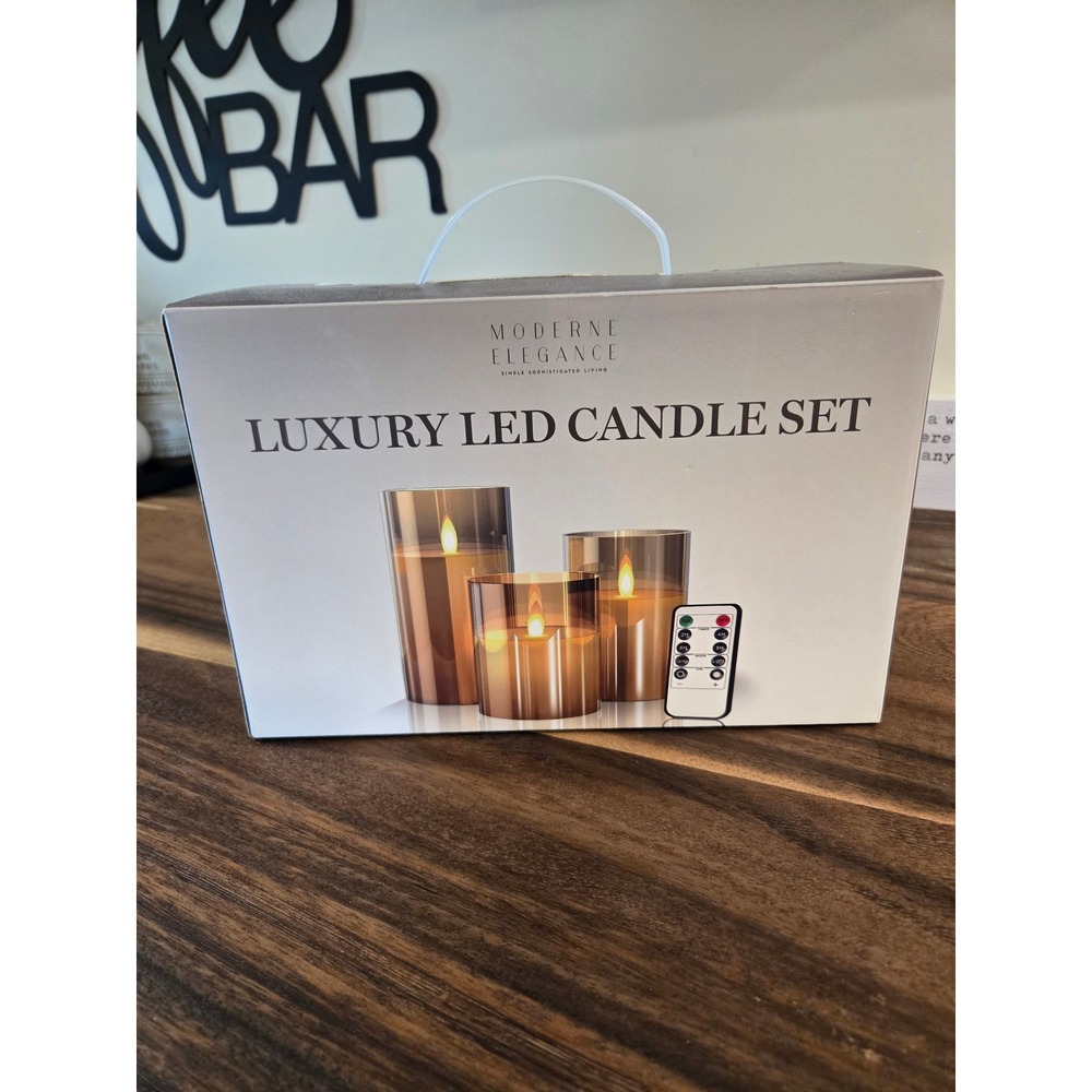 Moderne Elegance Luxury LED Candle Set 3pc Amber Glass Remote Timer Flameless